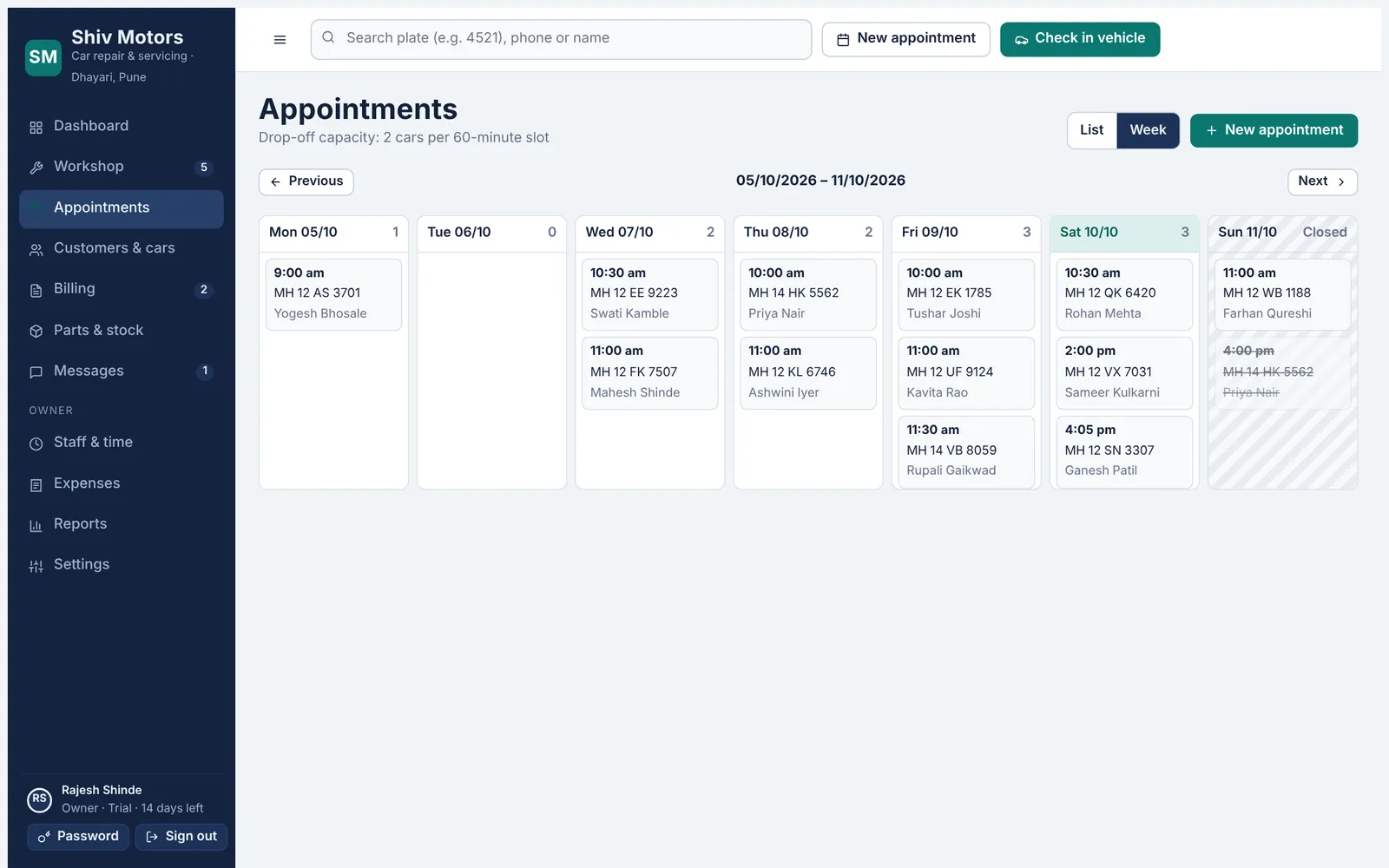 Appointments calendar in week view