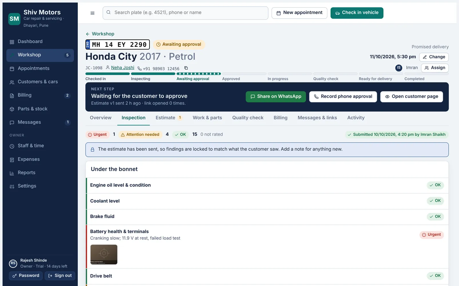 Inspection results with urgent and attention items